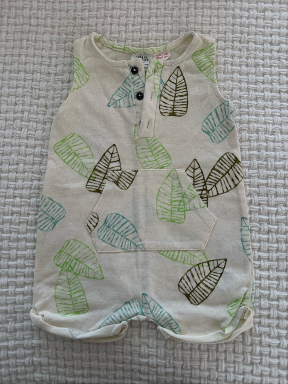 Zara Cream Sleeveless Baby Romper with Green & Teal Leaf Print